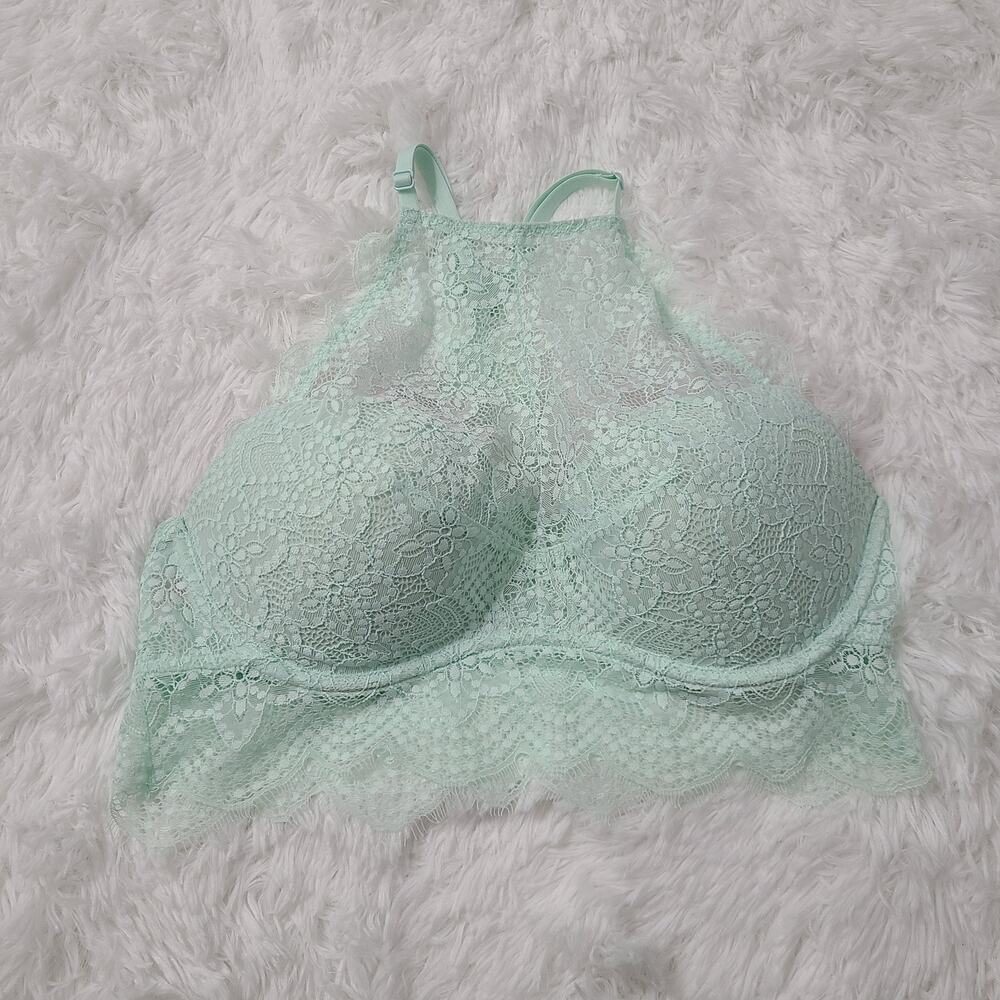 PINK Victoria's Secret Womens Sz L Mint Light Green Push Up High Neck Lace Bra